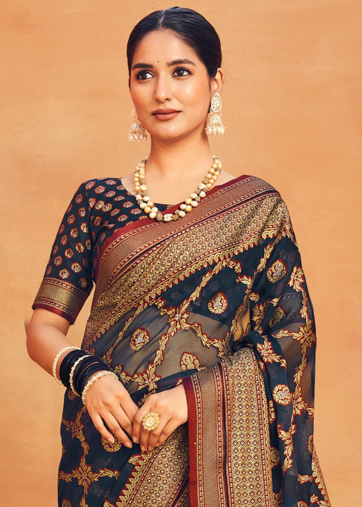 Midnight Blue Handwoven Zari Georgette Silk Saree - House of Sarvati LLC