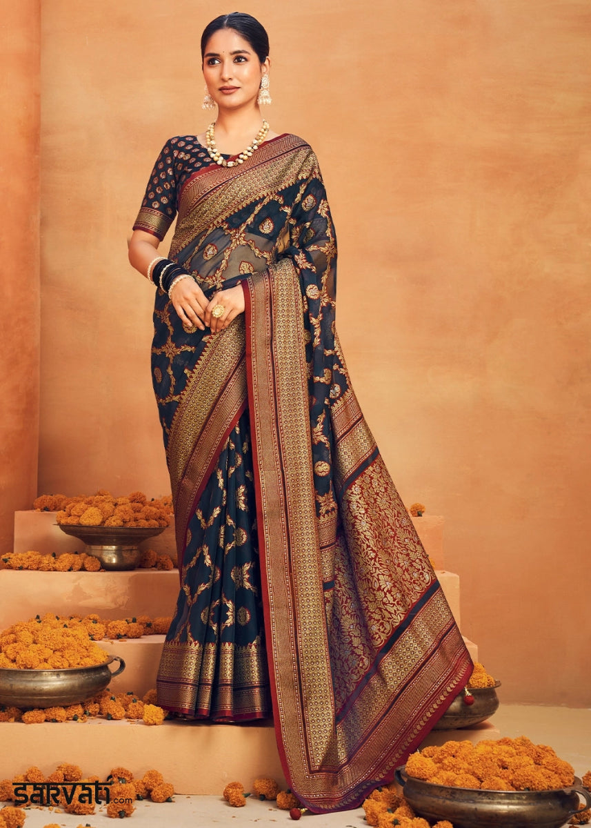 Midnight Blue Handwoven Zari Georgette Silk Saree - House of Sarvati LLC