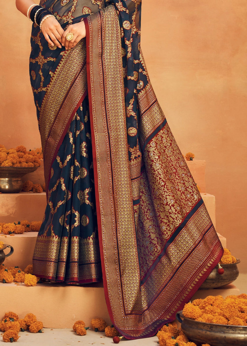 Midnight Blue Handwoven Zari Georgette Silk Saree - House of Sarvati LLC