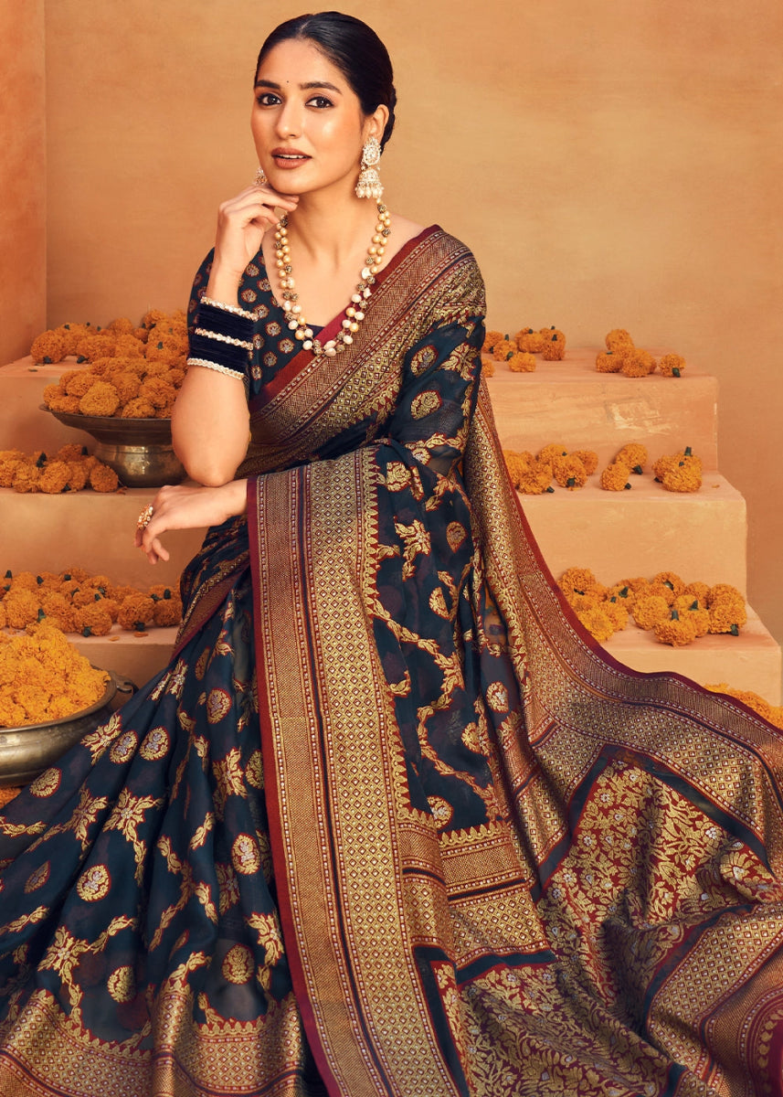 Midnight Blue Handwoven Zari Georgette Silk Saree - House of Sarvati LLC