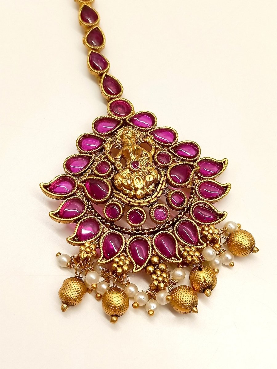 Mihira Rose Pink Antique Temple Maangtikka - House of Sarvati LLC