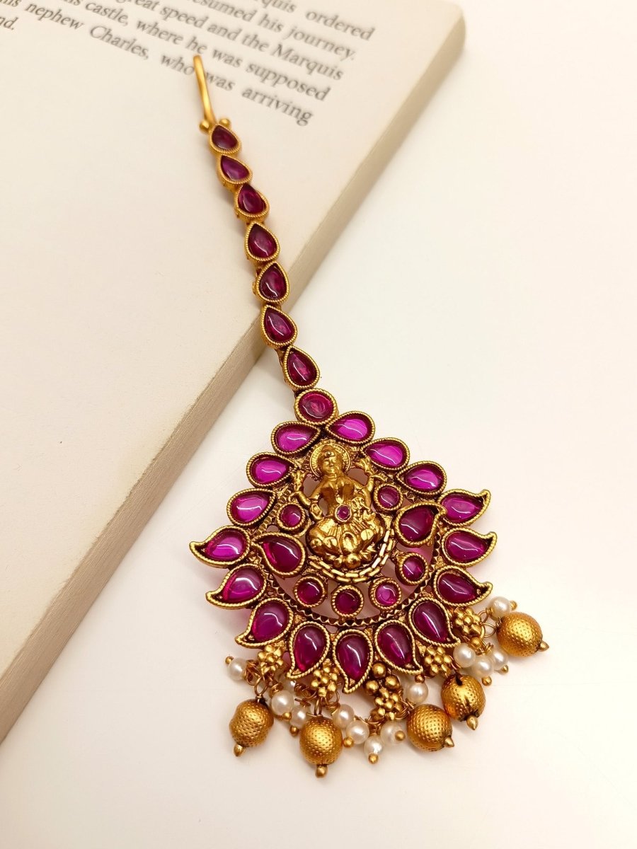 Mihira Rose Pink Antique Temple Maangtikka - House of Sarvati LLC