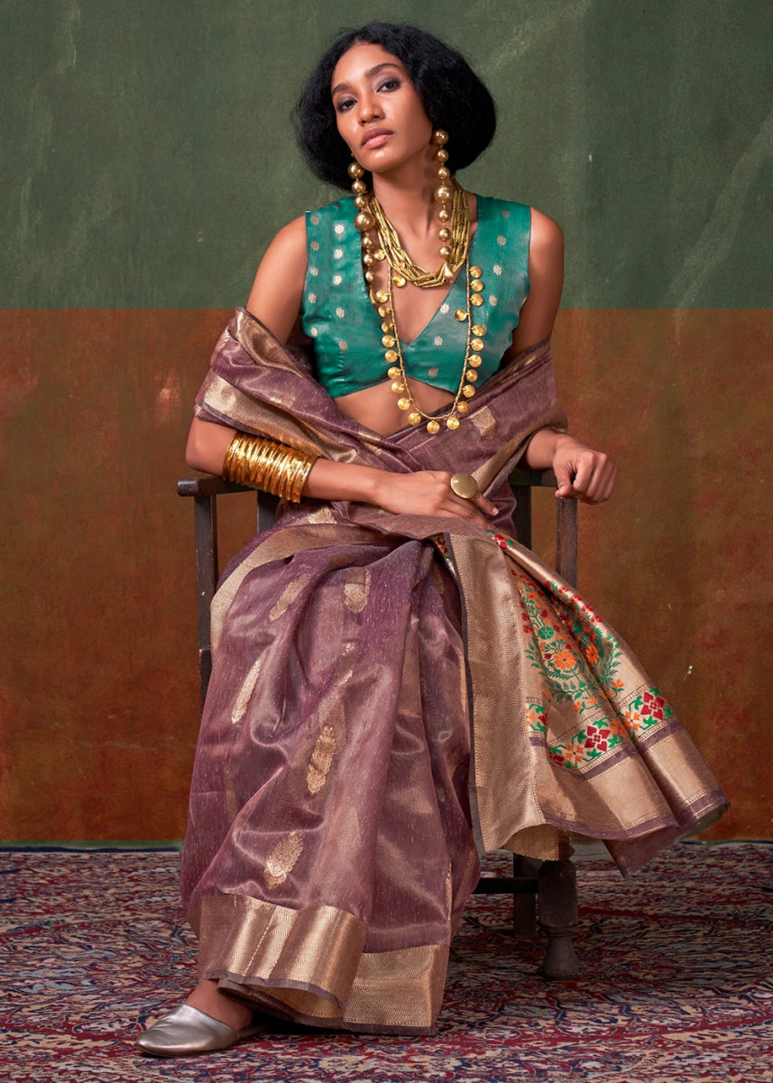 Moderate Purple Paithani Saree in Tissue Silk with Zari Work - House of Sarvati LLC