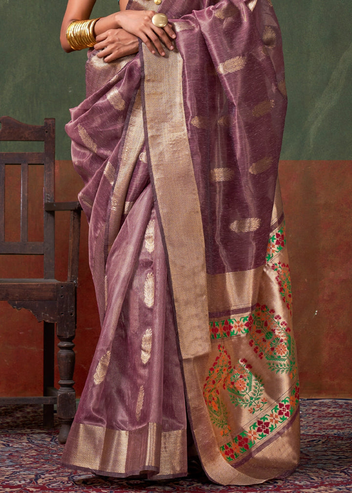 Moderate Purple Paithani Saree in Tissue Silk with Zari Work - House of Sarvati LLC