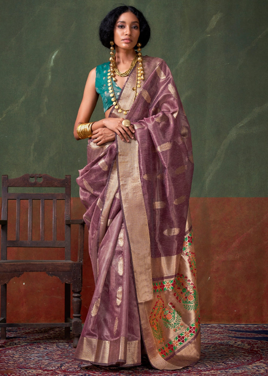 Moderate Purple Paithani Saree in Tissue Silk with Zari Work - House of Sarvati LLC