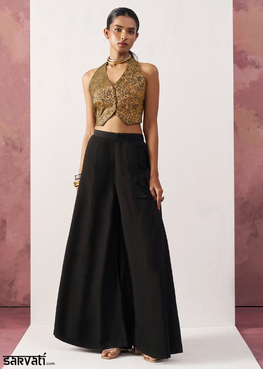 Monochrome Black Palazzo & Jacquard Waistcoat Fusion Set - House of Sarvati LLC
