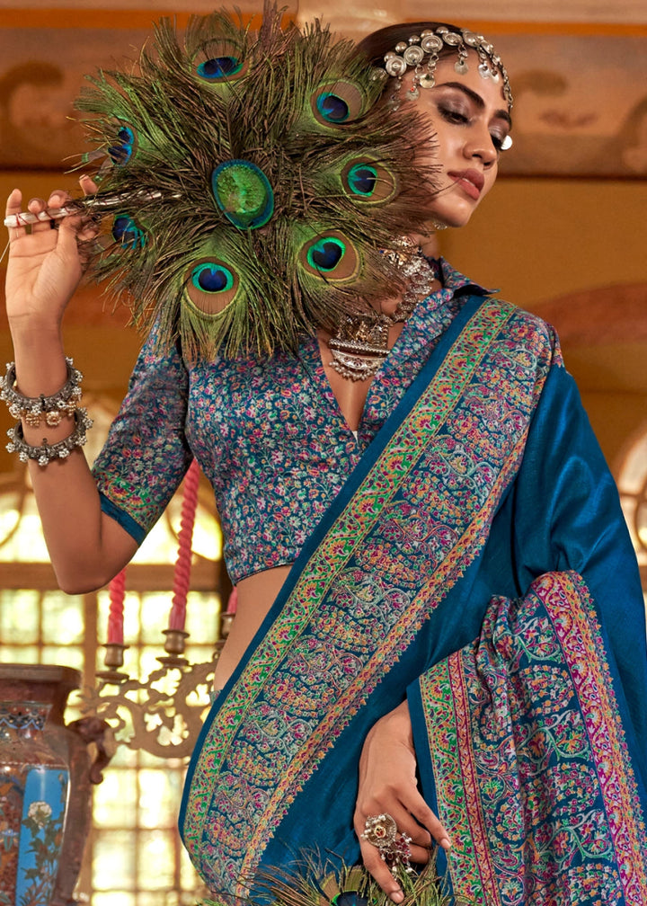 Moroccan Blue Silk Saree Featuring Exquisite Kashmiri Paisley Artwork - House of Sarvati LLC