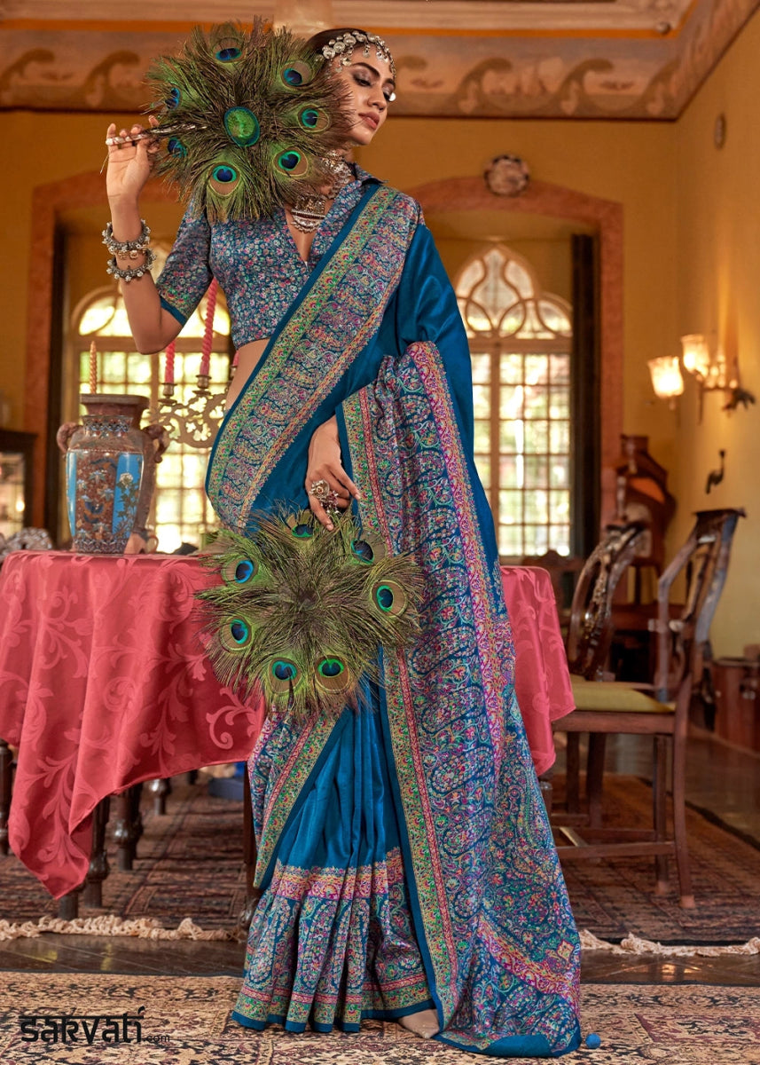 Moroccan Blue Silk Saree Featuring Exquisite Kashmiri Paisley Artwork - House of Sarvati LLC