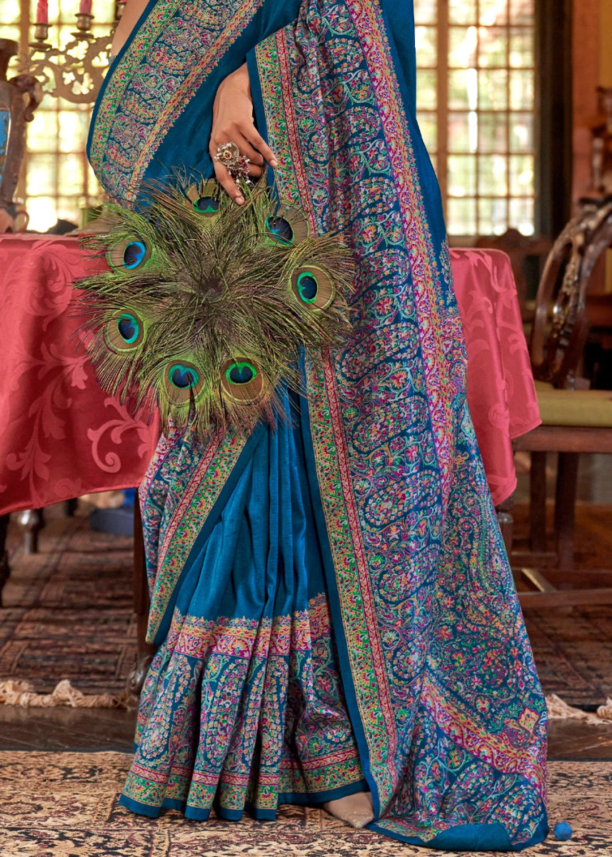 Moroccan Blue Silk Saree Featuring Exquisite Kashmiri Paisley Artwork - House of Sarvati LLC