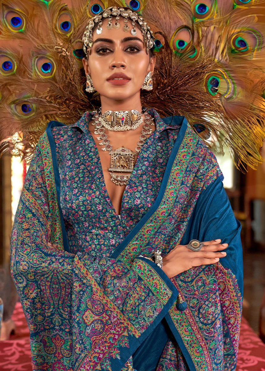 Moroccan Blue Silk Saree Featuring Exquisite Kashmiri Paisley Artwork - House of Sarvati LLC