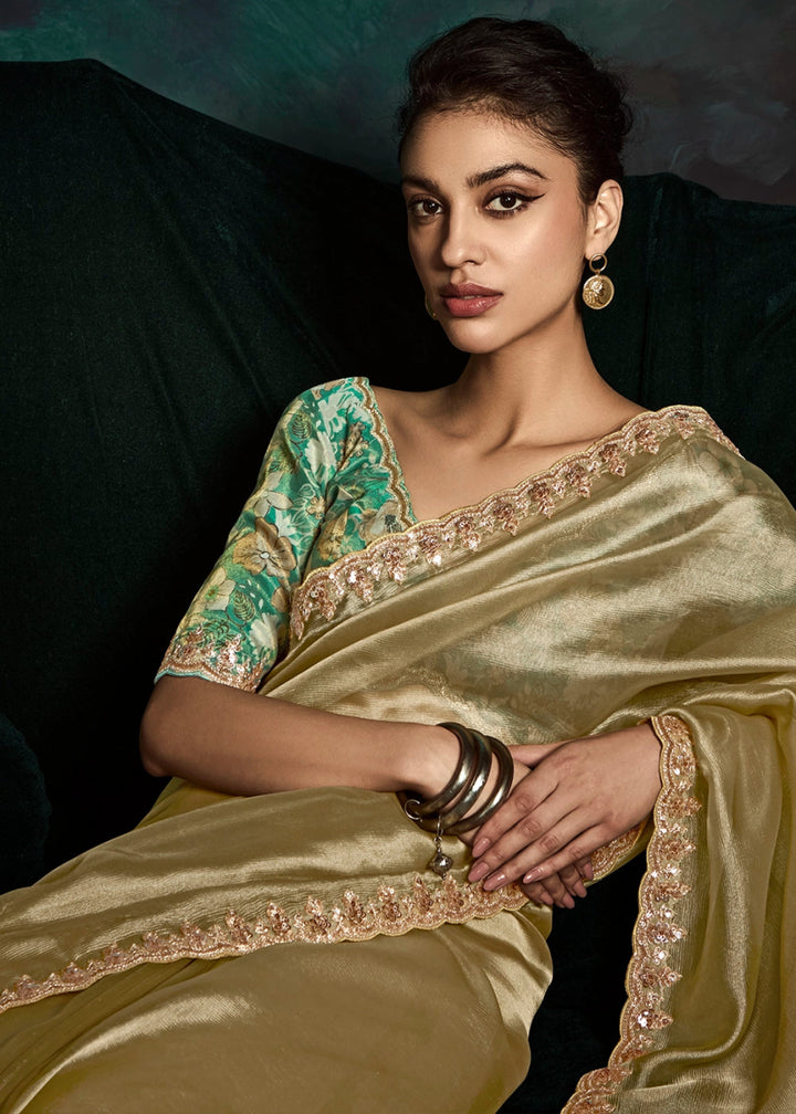 Moss Green Tissue Saree with Dhaga,Thread & Sequin Embellishments - House of Sarvati LLC