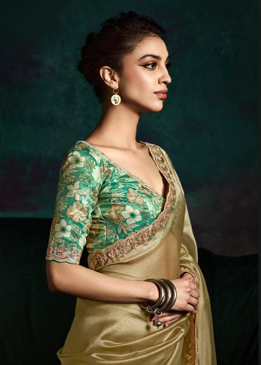 Moss Green Tissue Saree with Dhaga,Thread & Sequin Embellishments - House of Sarvati LLC