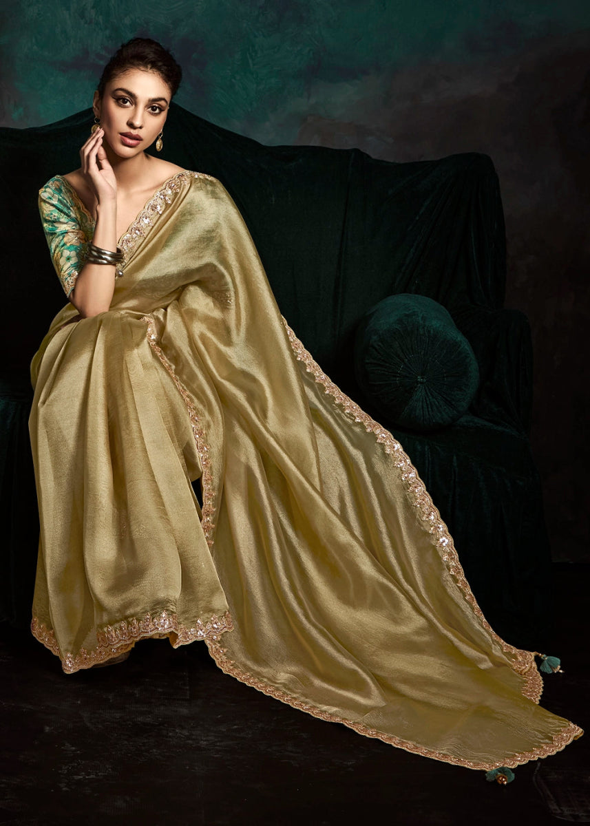 Moss Green Tissue Saree with Dhaga,Thread & Sequin Embellishments - House of Sarvati LLC