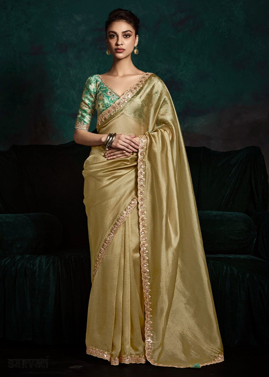 Moss Green Tissue Saree with Dhaga,Thread & Sequin Embellishments - House of Sarvati LLC