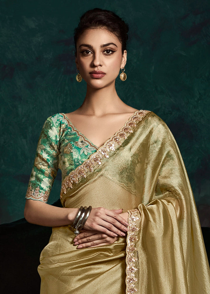 Moss Green Tissue Saree with Dhaga,Thread & Sequin Embellishments - House of Sarvati LLC