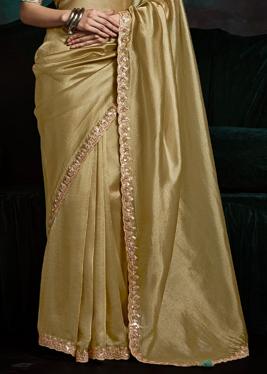 Moss Green Tissue Saree with Dhaga,Thread & Sequin Embellishments - House of Sarvati LLC