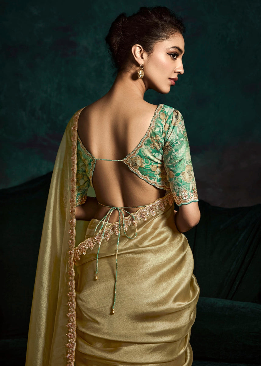 Moss Green Tissue Saree with Dhaga,Thread & Sequin Embellishments - House of Sarvati LLC