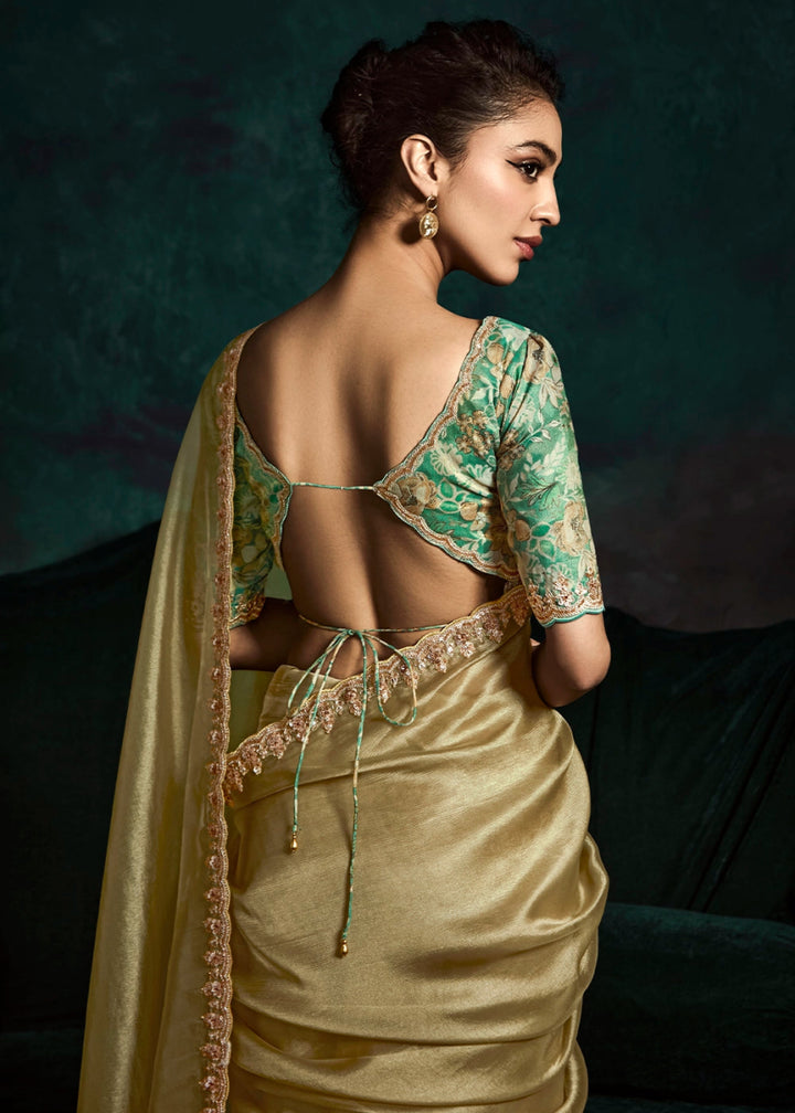Moss Green Tissue Saree with Dhaga,Thread & Sequin Embellishments - House of Sarvati LLC