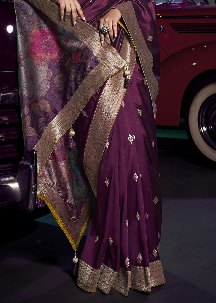 Mulberry Purple Banarasi Silk Saree with Opulent Zari Work & Embellished Blouse - House of Sarvati LLC