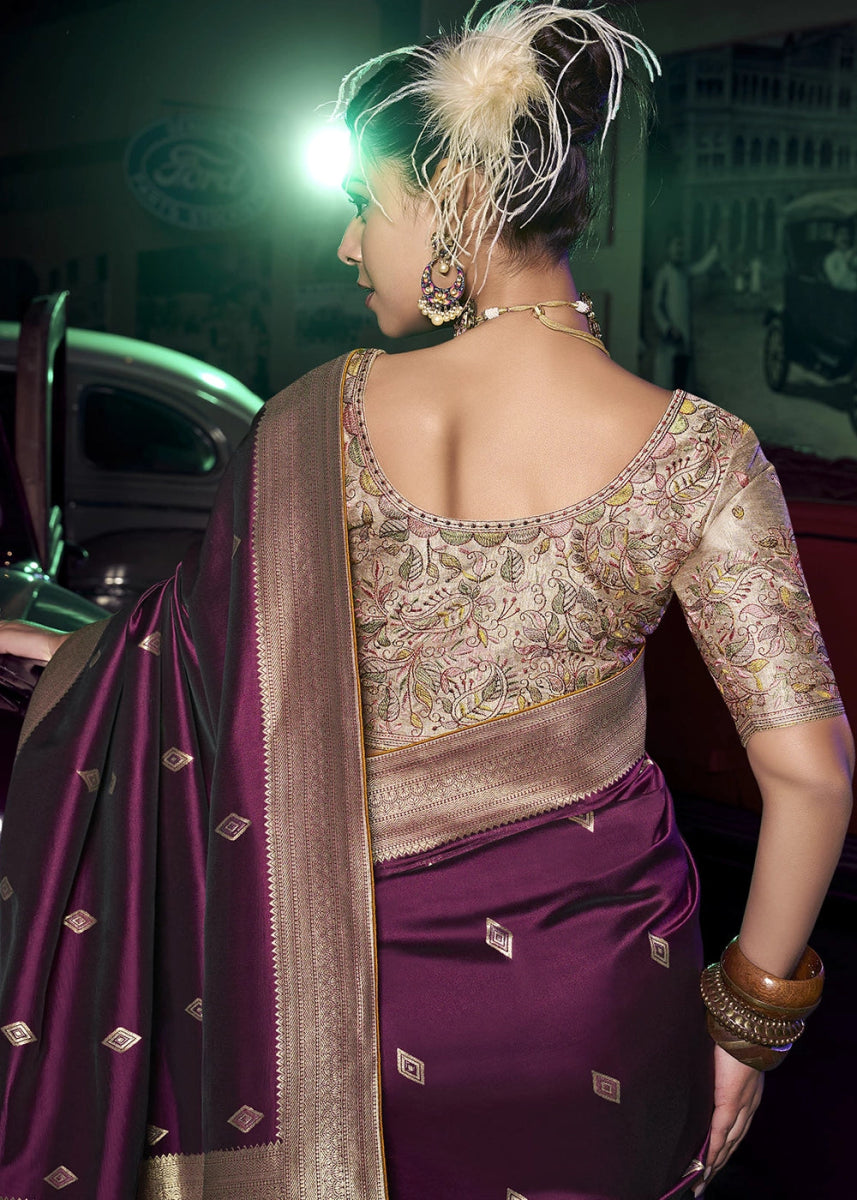 Mulberry Purple Banarasi Silk Saree with Opulent Zari Work & Embellished Blouse - House of Sarvati LLC