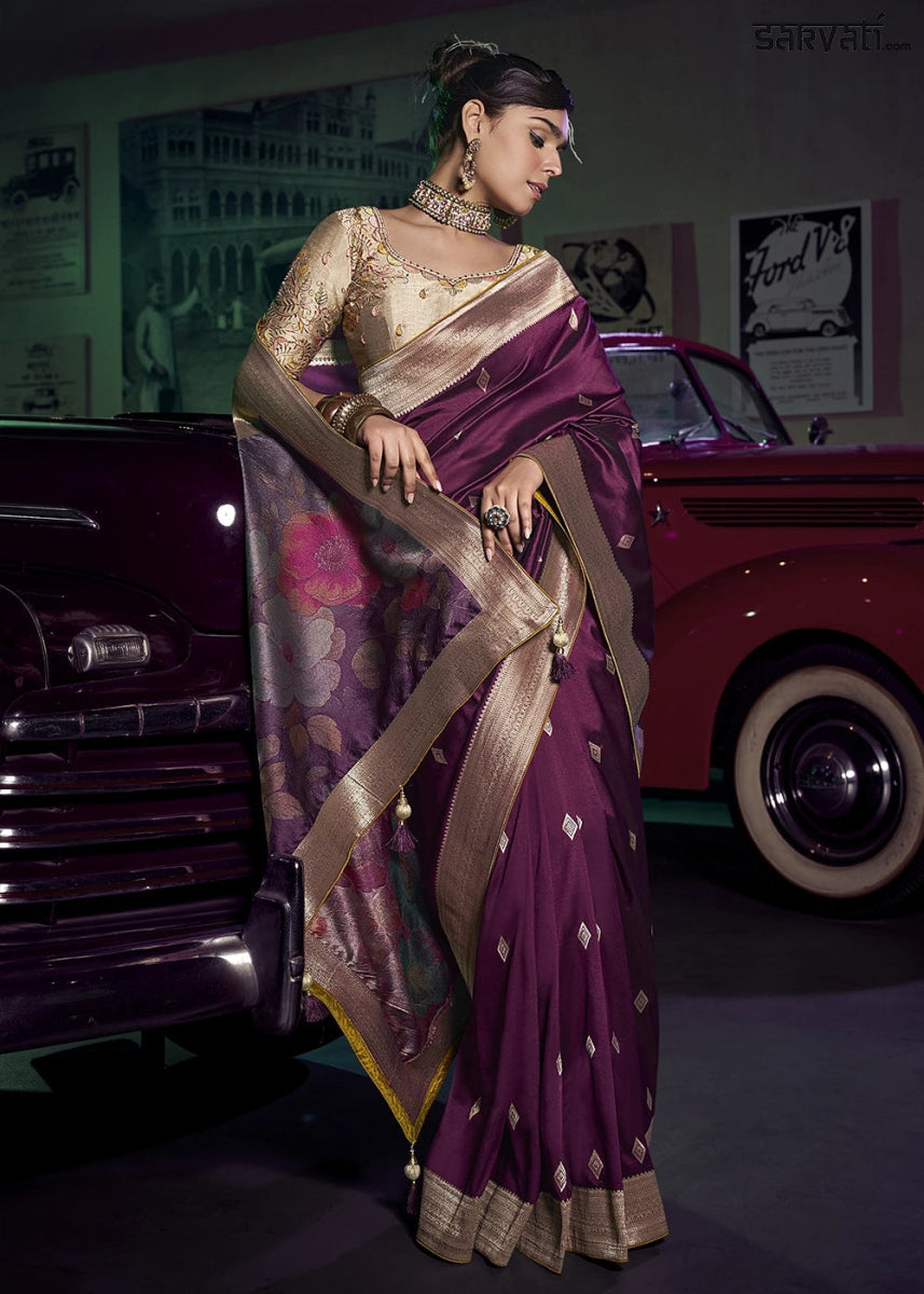 Mulberry Purple Banarasi Silk Saree with Opulent Zari Work & Embellished Blouse - House of Sarvati LLC
