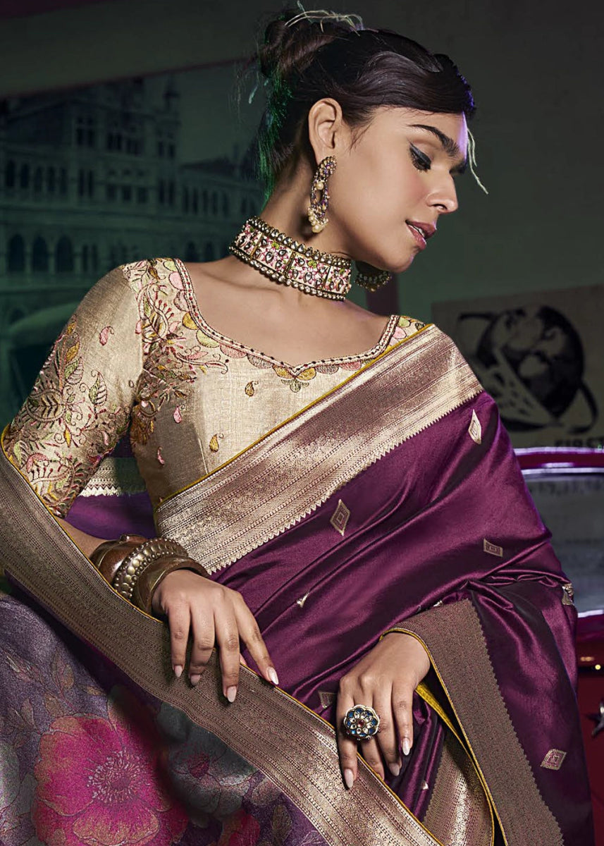 Mulberry Purple Banarasi Silk Saree with Opulent Zari Work & Embellished Blouse - House of Sarvati LLC