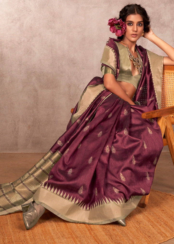 Mulberry Purple Bhagalpuri Silk Saree with Handcrafted Gadwal Border - House of Sarvati LLC