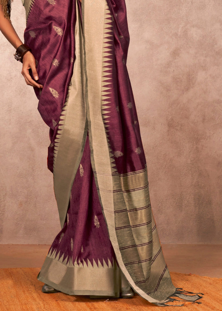 Mulberry Purple Bhagalpuri Silk Saree with Handcrafted Gadwal Border - House of Sarvati LLC