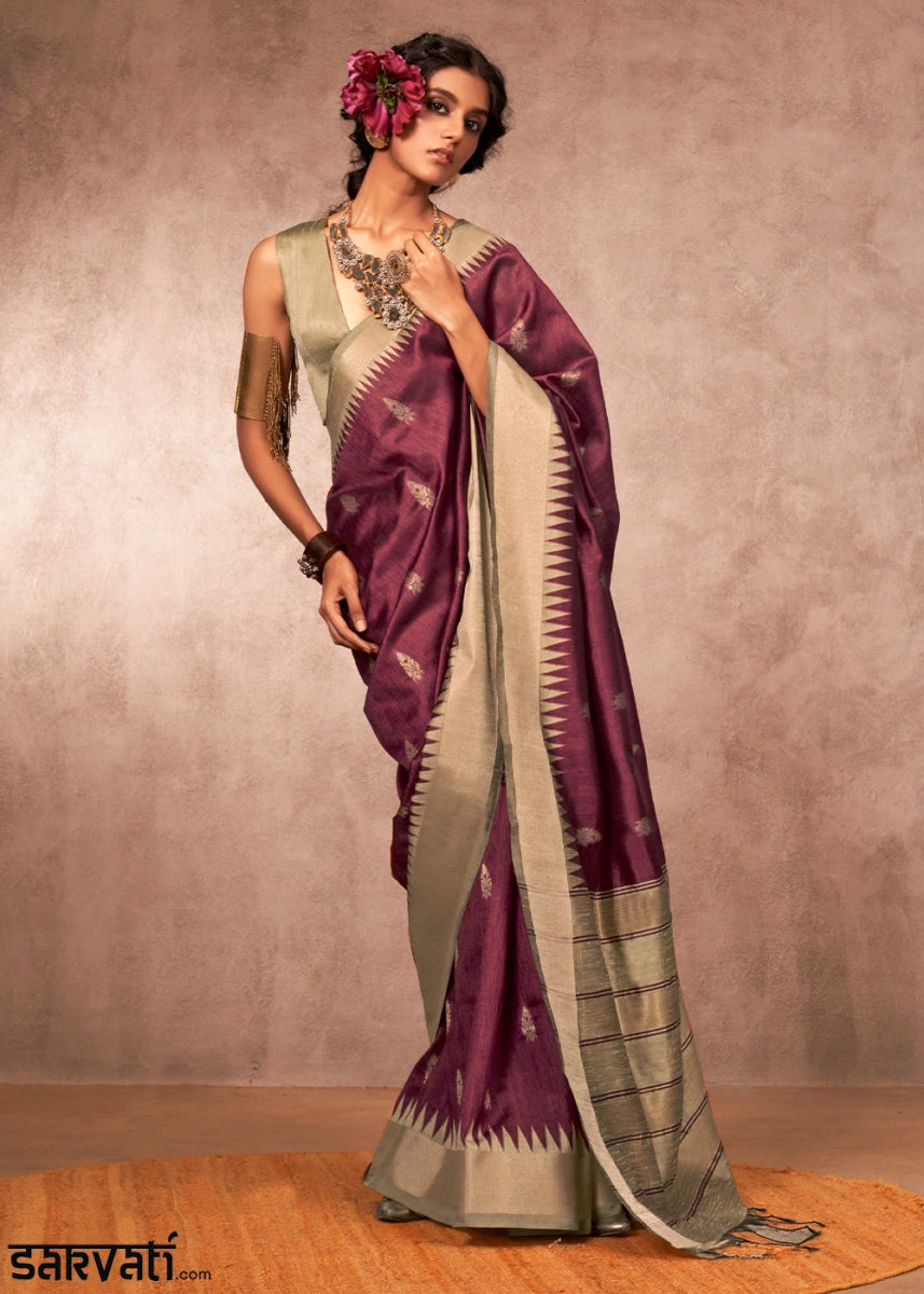 Mulberry Purple Bhagalpuri Silk Saree with Handcrafted Gadwal Border - House of Sarvati LLC