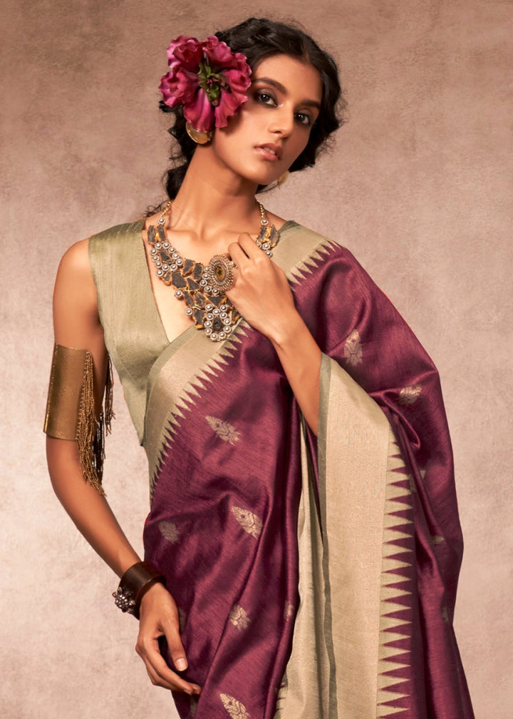 Mulberry Purple Bhagalpuri Silk Saree with Handcrafted Gadwal Border - House of Sarvati LLC
