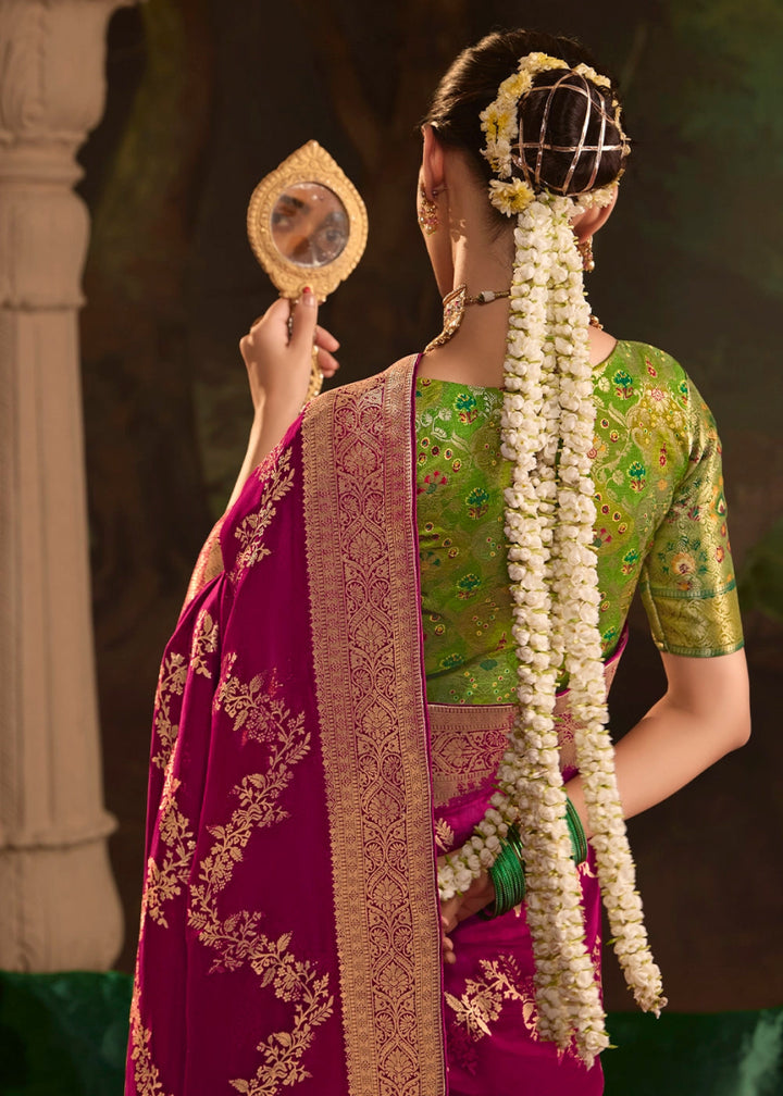 Mulberry Purple Crepe Dola Silk Saree with Rich Zari Weaving - House of Sarvati LLC
