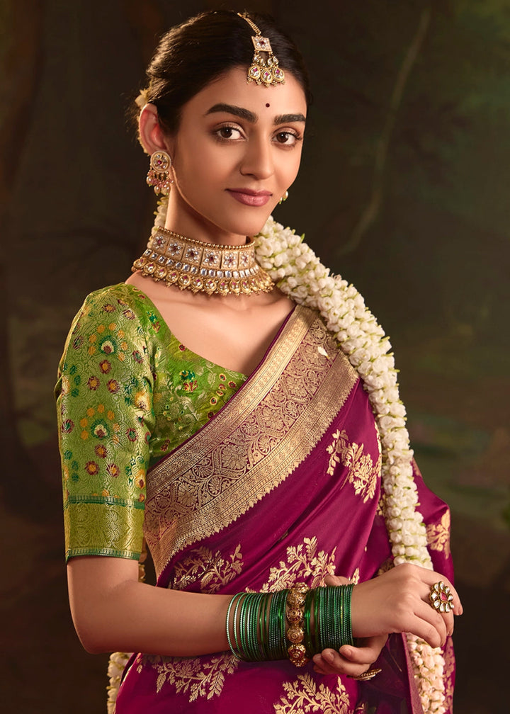 Mulberry Purple Crepe Dola Silk Saree with Rich Zari Weaving - House of Sarvati LLC