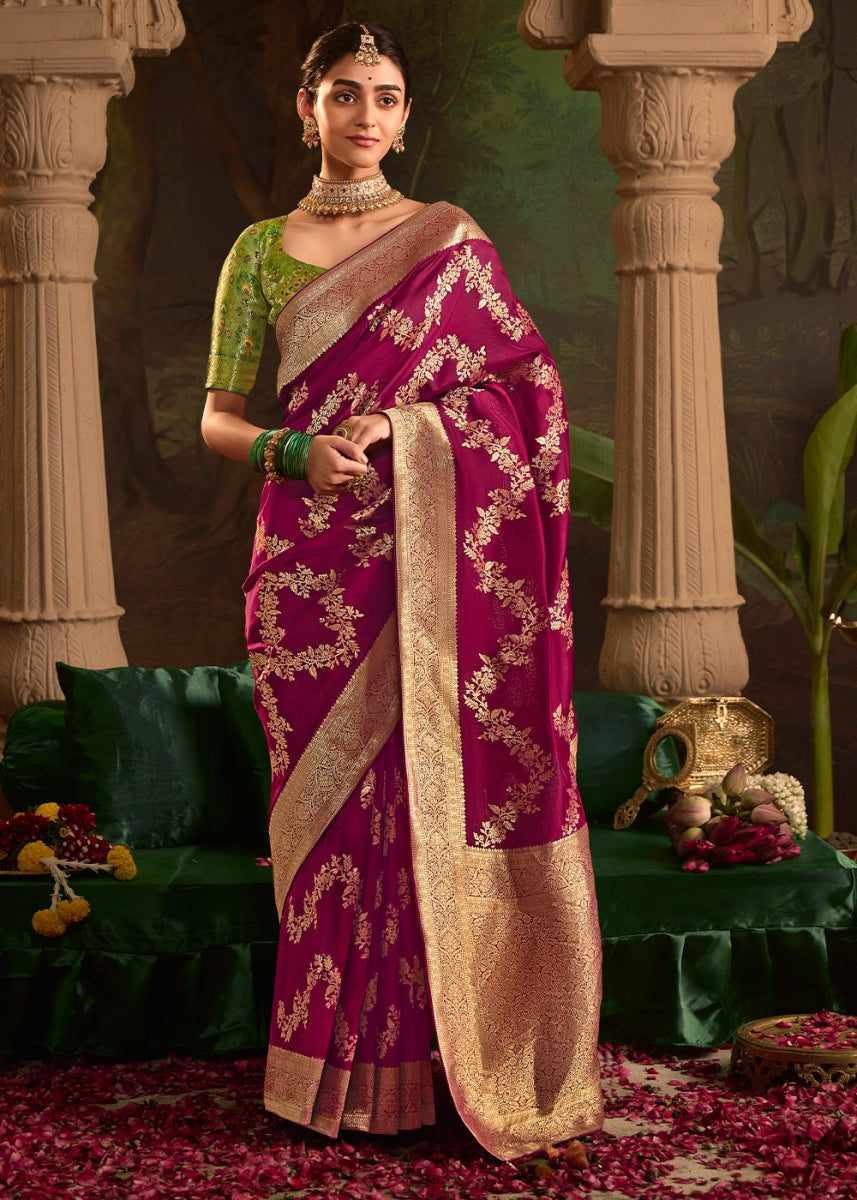 Mulberry Purple Crepe Dola Silk Saree with Rich Zari Weaving - House of Sarvati LLC