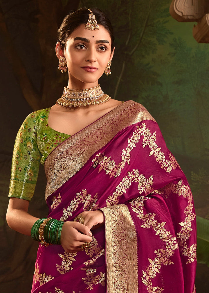Mulberry Purple Crepe Dola Silk Saree with Rich Zari Weaving - House of Sarvati LLC