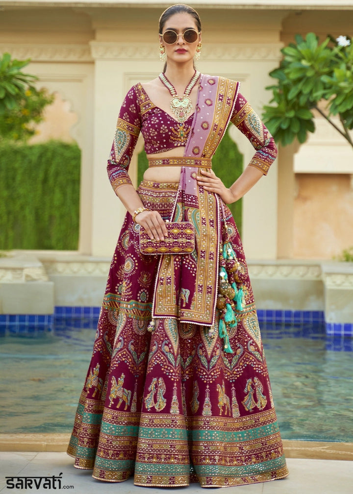 Mulberry Purple Embellished Rajwadi Silk Lehenga Choli with Aari Mirror Work - House of Sarvati LLC