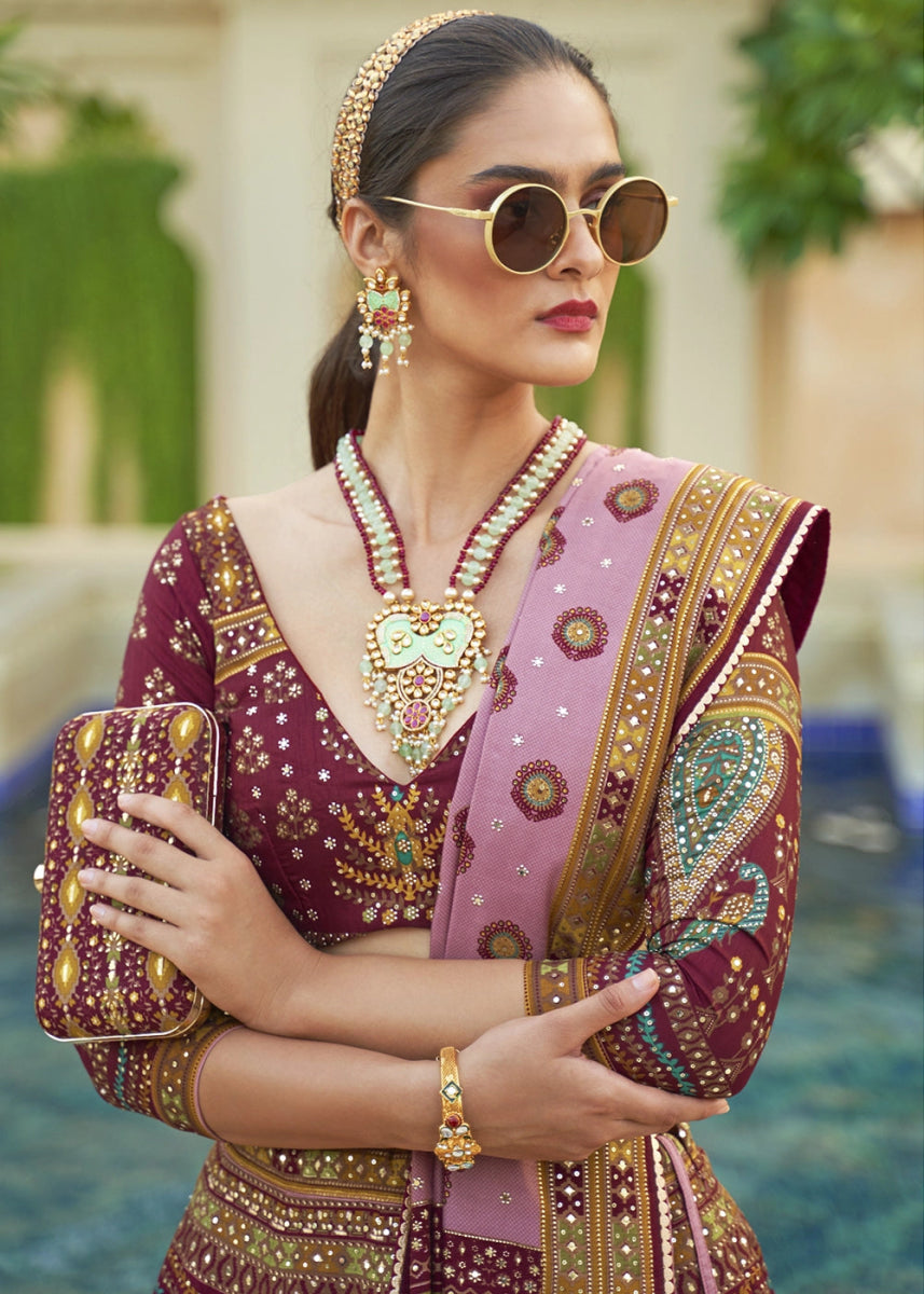 Mulberry Purple Embellished Rajwadi Silk Lehenga Choli with Aari Mirror Work - House of Sarvati LLC