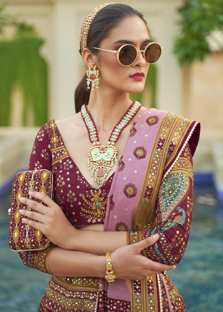 Mulberry Purple Embellished Rajwadi Silk Lehenga Choli with Aari Mirror Work - House of Sarvati LLC
