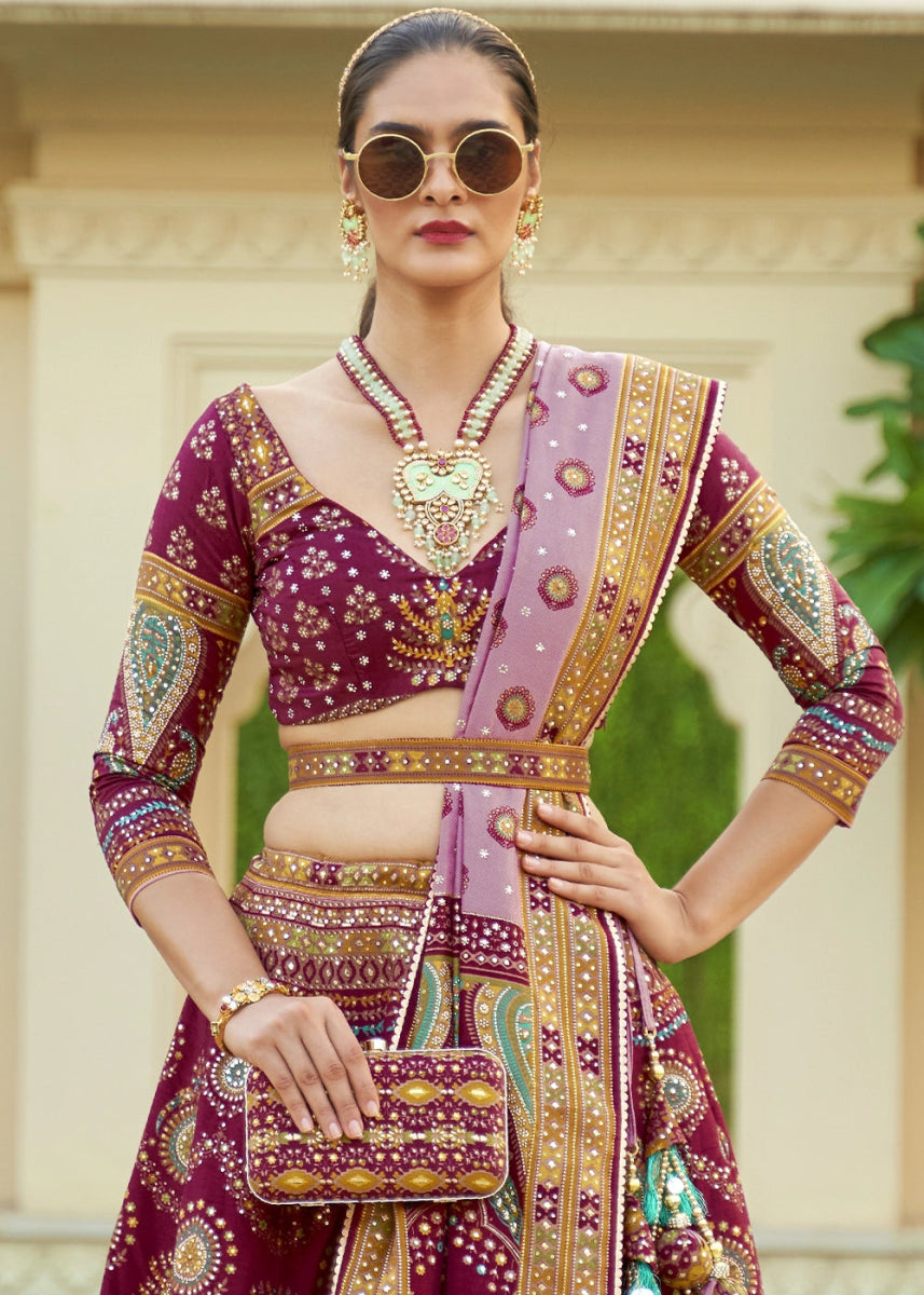 Mulberry Purple Embellished Rajwadi Silk Lehenga Choli with Aari Mirror Work - House of Sarvati LLC