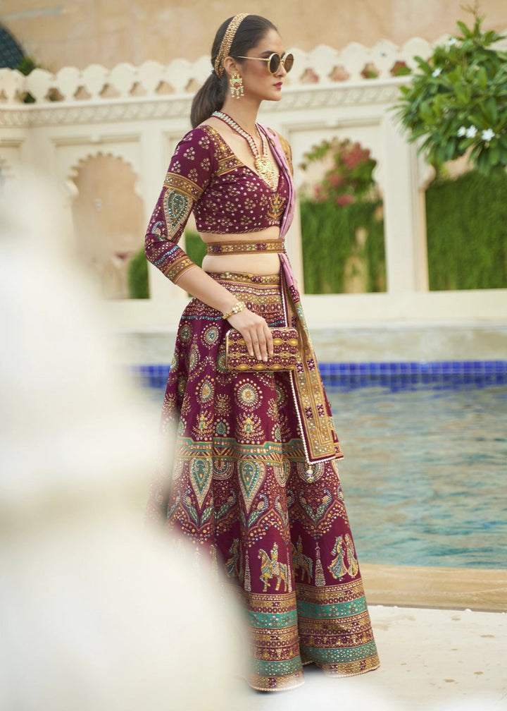Mulberry Purple Embellished Rajwadi Silk Lehenga Choli with Aari Mirror Work - House of Sarvati LLC