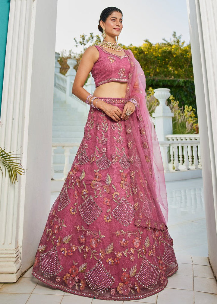 Mulberry Purple Net Lehenga Choli with Coding & Zarkan Work - House of Sarvati LLC