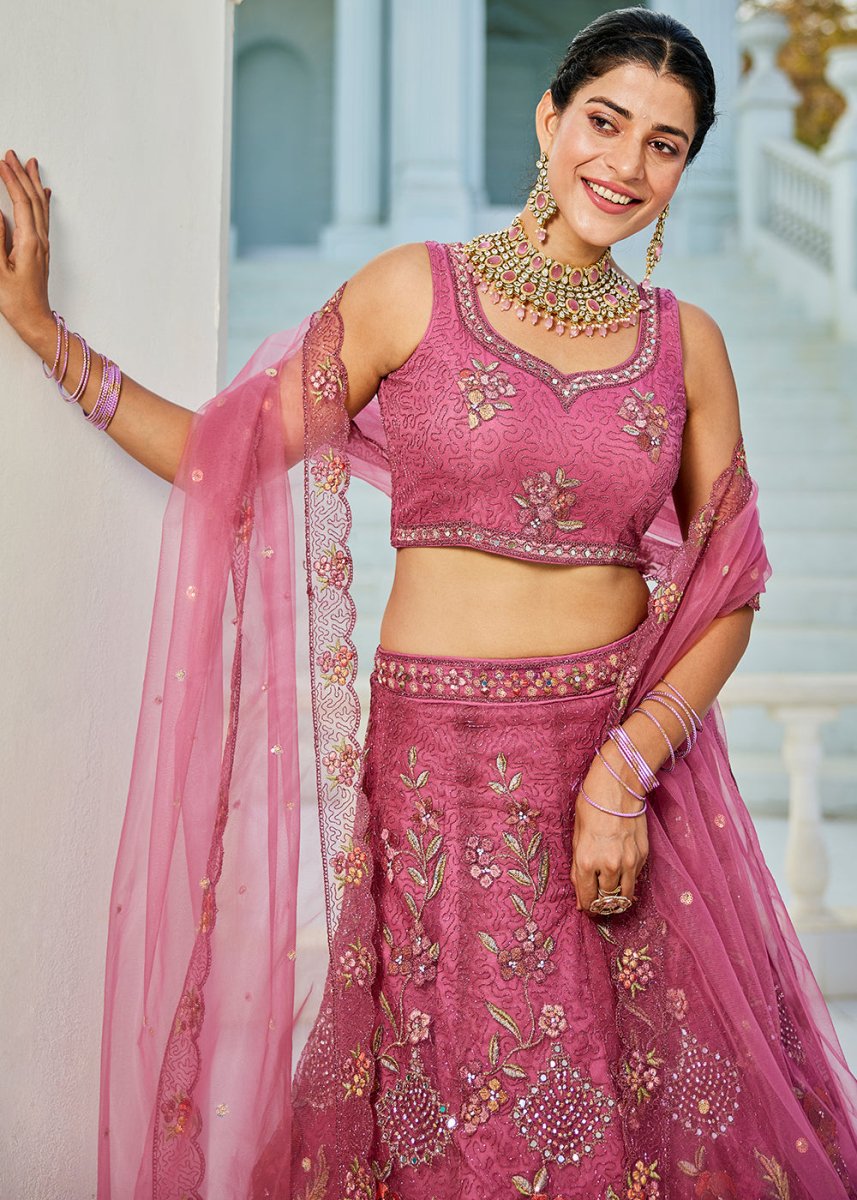 Mulberry Purple Net Lehenga Choli with Coding & Zarkan Work - House of Sarvati LLC