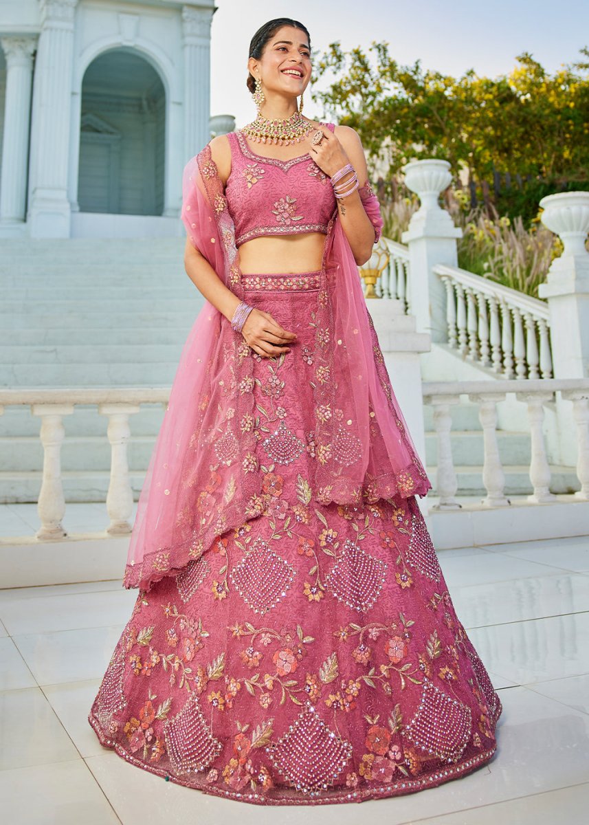 Mulberry Purple Net Lehenga Choli with Coding & Zarkan Work - House of Sarvati LLC