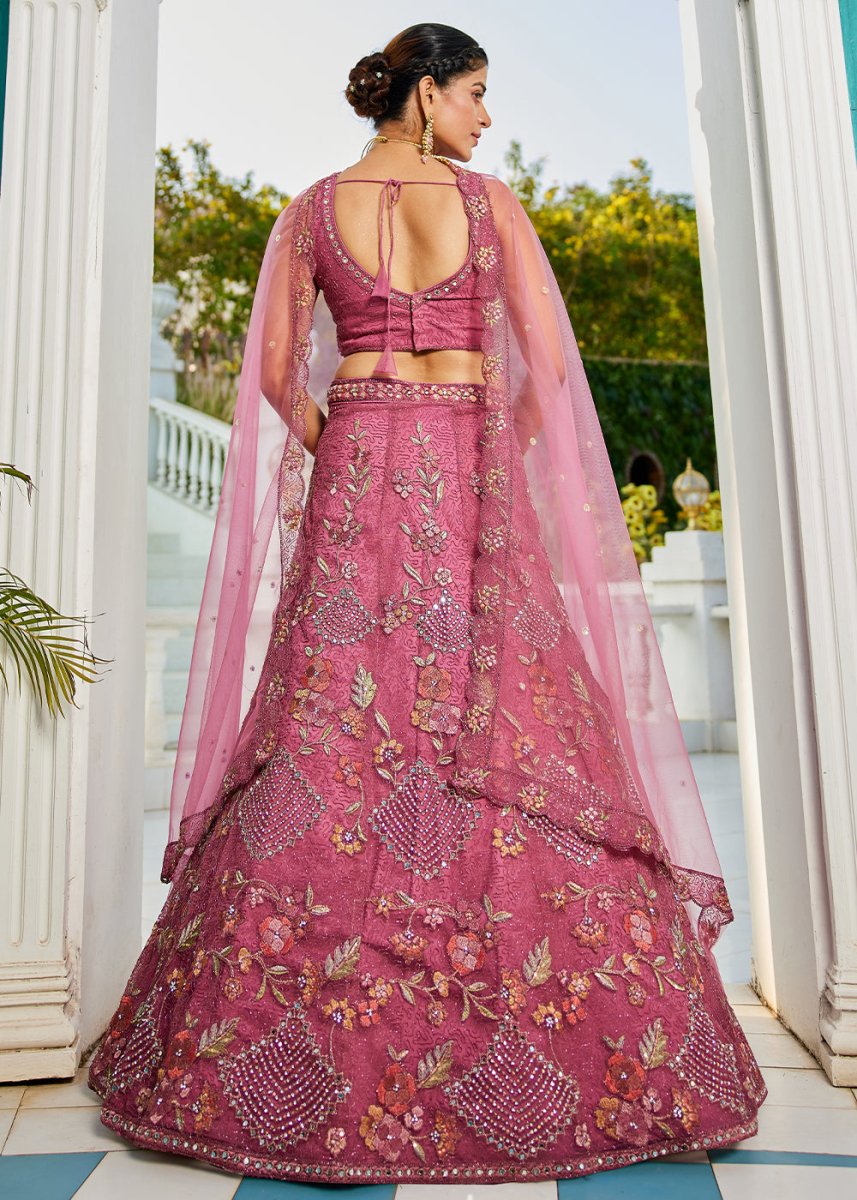 Mulberry Purple Net Lehenga Choli with Coding & Zarkan Work - House of Sarvati LLC