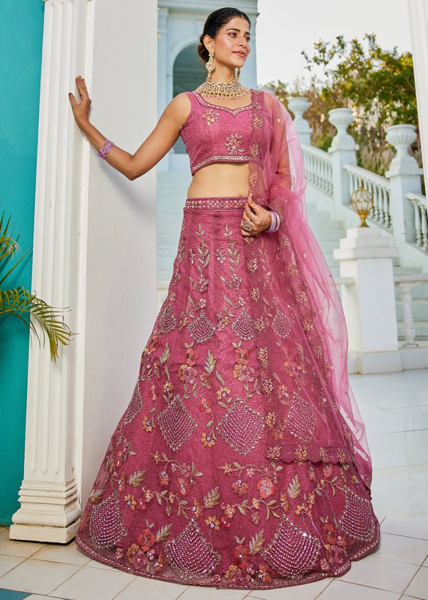 Mulberry Purple Net Lehenga Choli with Coding & Zarkan Work - House of Sarvati LLC