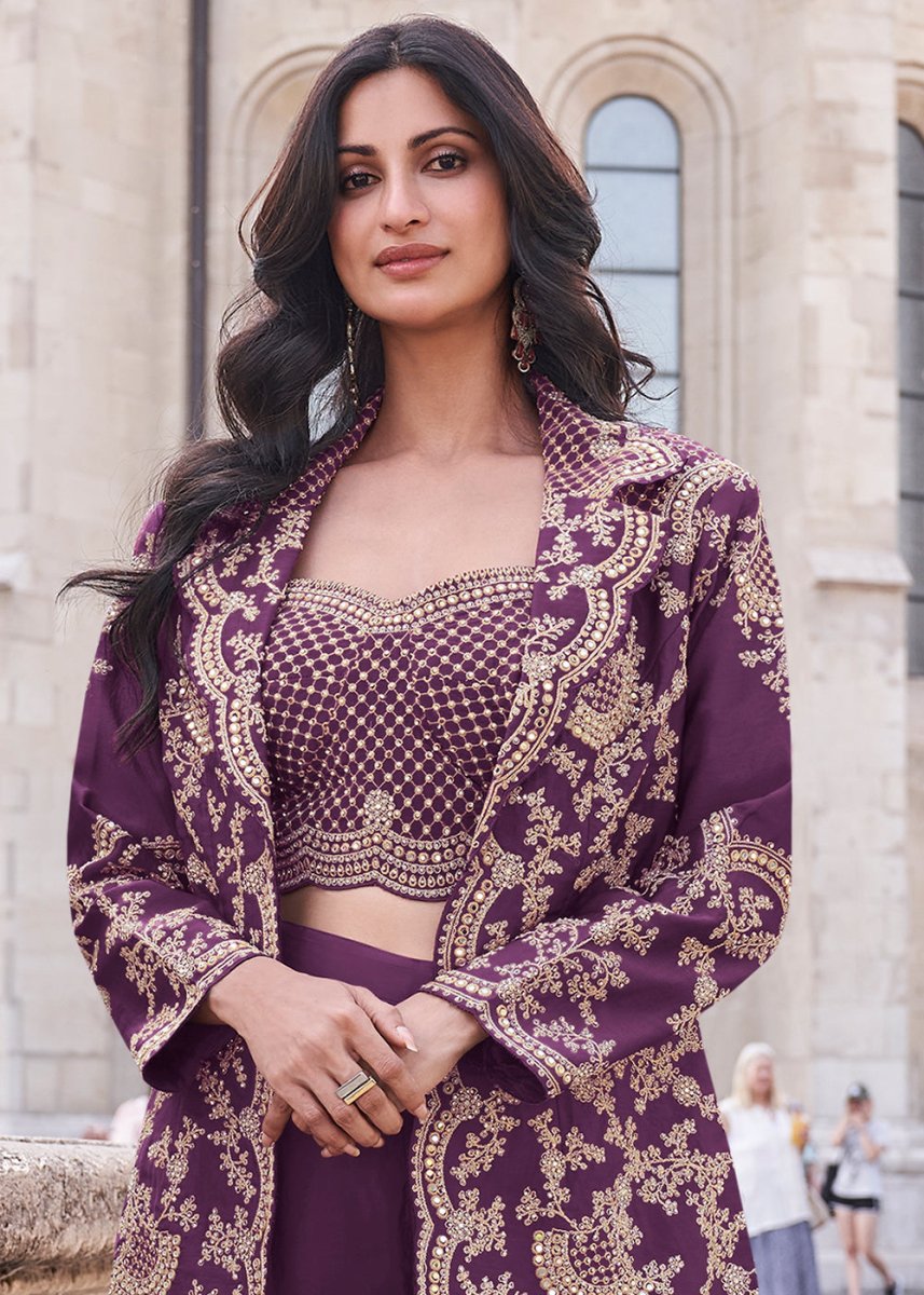 Mulberry Purple Top and Palazzo Set Featuring Embroidered Shrug - House of Sarvati LLC