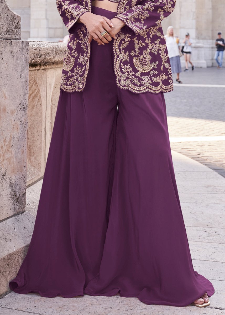 Mulberry Purple Top and Palazzo Set Featuring Embroidered Shrug - House of Sarvati LLC