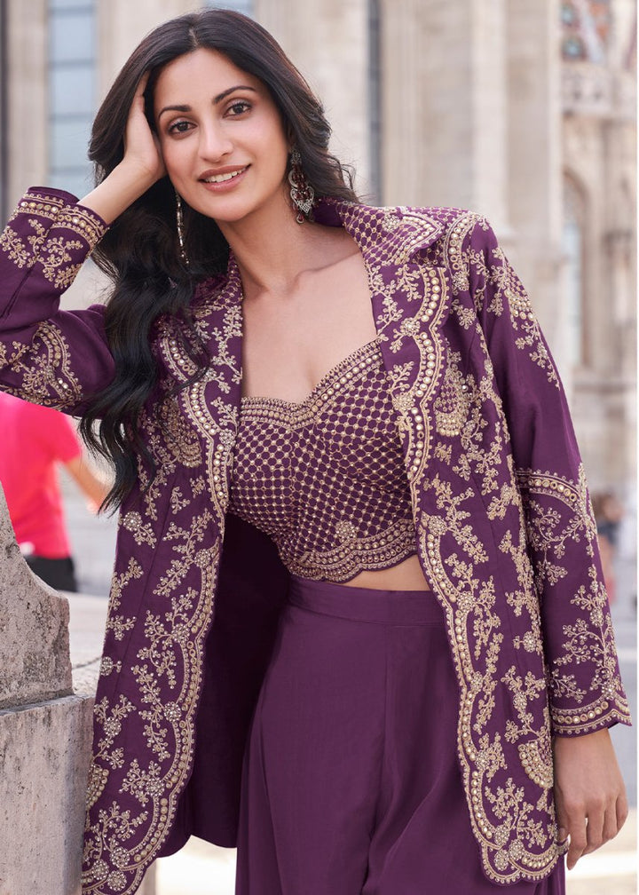 Mulberry Purple Top and Palazzo Set Featuring Embroidered Shrug - House of Sarvati LLC