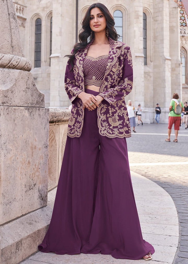 Mulberry Purple Top and Palazzo Set Featuring Embroidered Shrug - House of Sarvati LLC