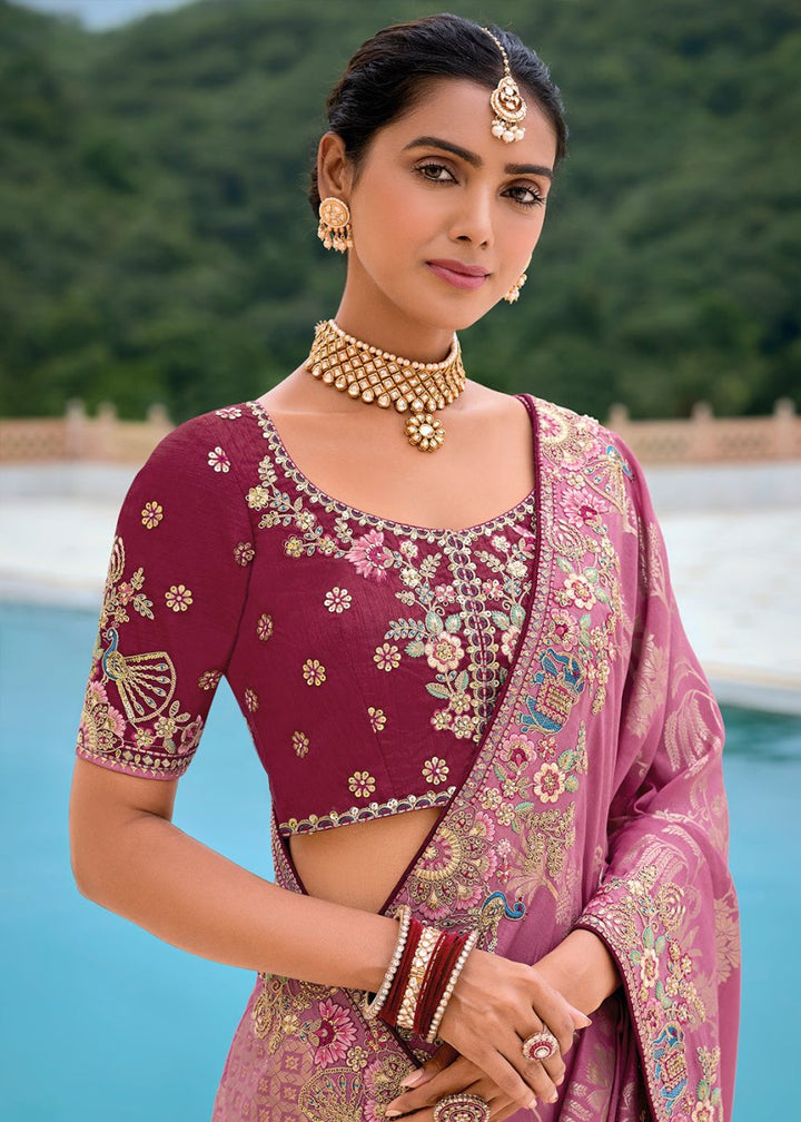 Mulberry Purple Viscose Silk Saree with Intricate Cutwork & Embroidery - House of Sarvati LLC