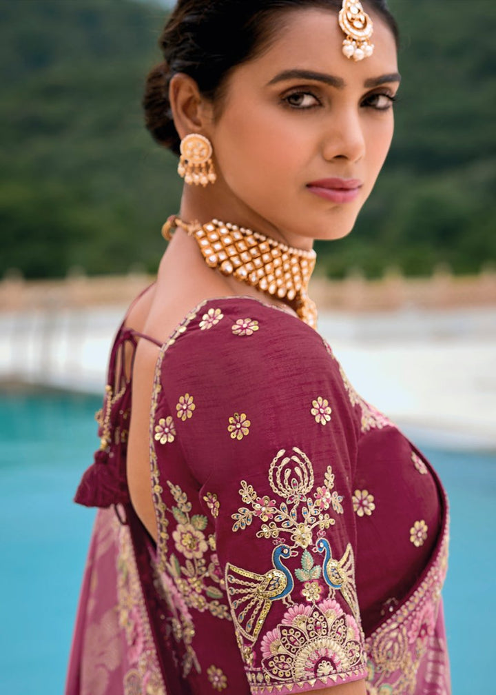 Mulberry Purple Viscose Silk Saree with Intricate Cutwork & Embroidery - House of Sarvati LLC